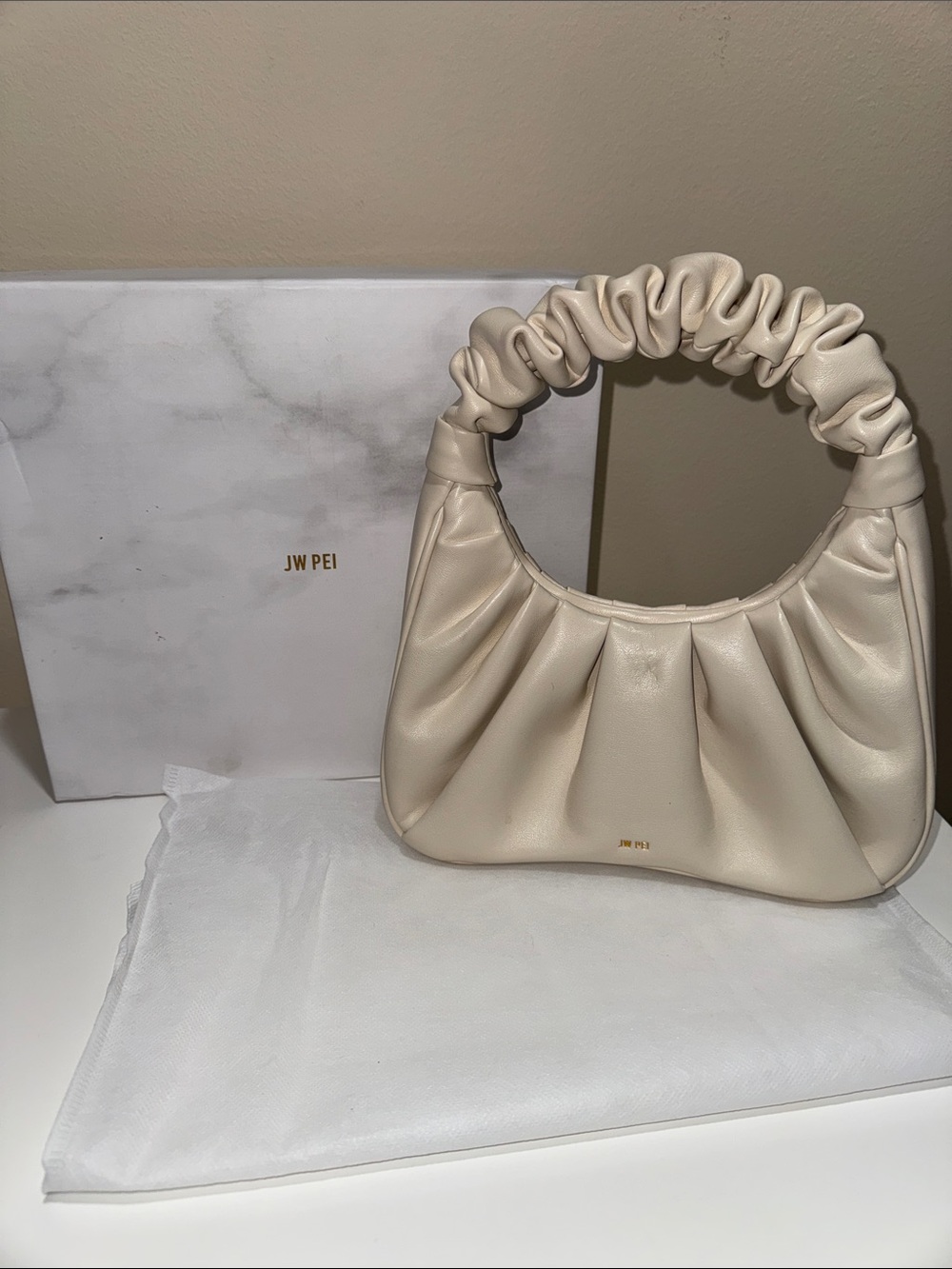JW PEI Cream Ruched Handle Shoulder Bag